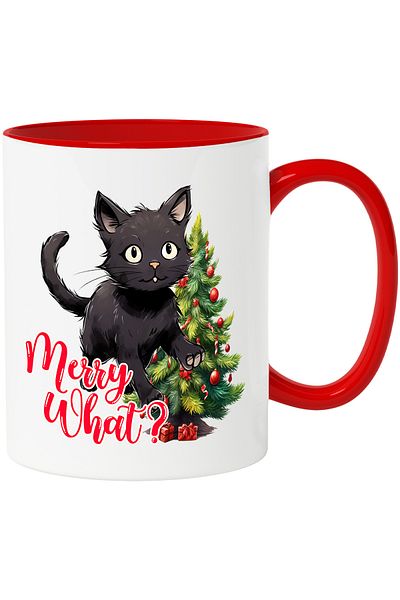StoryGift Romania Mug with black kitten with the message "Merry what?", Merry Christmas, illustration, winter, With
