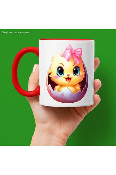 StoryGift Romania Mug with a yellow chick coming out of a broken egg | illustration | bow | bucu, Cu,STG