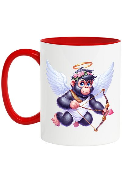 StoryGift Romania Mug with a Cupid chimpanzee, illustration, archery, wings, falling in love, V, With