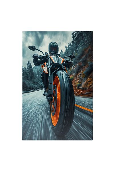 StoryGift Romania Tablou Canvas Profesionist Pe Motocicleta Neagra Cu Model Portocaliu Si Casca De Protectie Pe