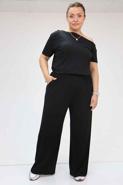 Eslina 39000 Plus Size High Waist Elastic Wide Leg Combed Cotton Trousers - Black
