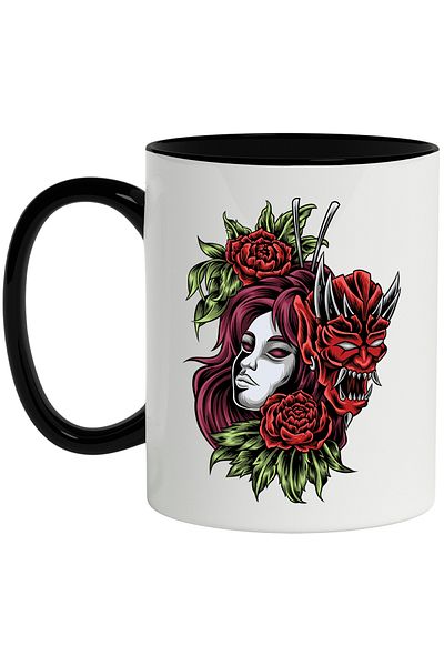 StoryGift Romania Monster Mug, Woman, Demon Head, Flowers, Leaves, Fantasy, Multicolor 330 ml, With