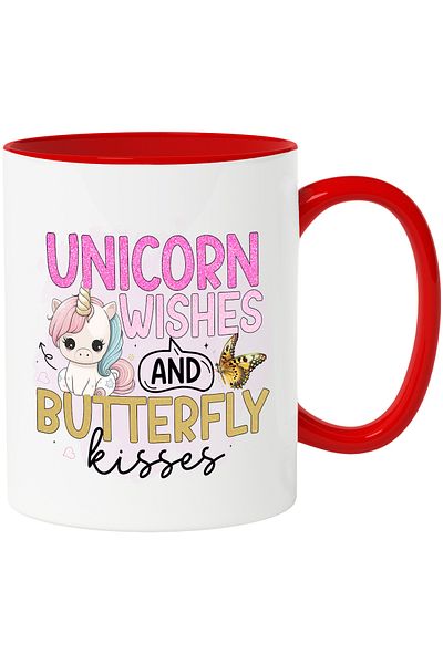 StoryGift Romania Unicorn and butterfly mug with the message "Unicorn Wishes and Butterfly Kisses", bass, Cu,STG