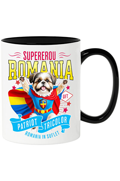StoryGift Romania Mug with Shih Tzu Dog in Captain Romania Costume with Cape, Night Hero, D, Cu