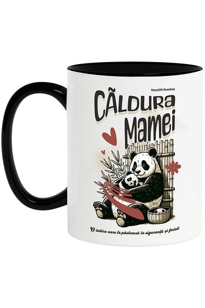 StoryGift Romania Mug Mother's Warmth Family Bear Love, 330ml, Ceramic with Black Handle, With Black Handle