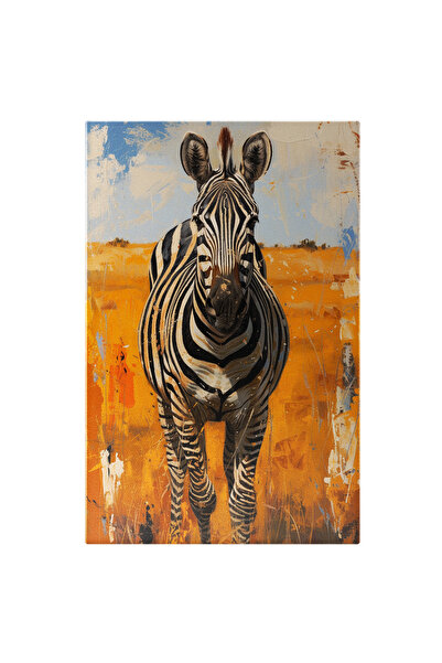 StoryGift Romania Tablou Canvas: Pictura Cu Zebra Cu Ochii Mici Si Urechi Ascutite In Camp Portocaliu Cu Cerul S