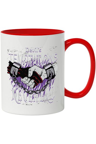 StoryGift Romania Mug With Message In English Devil's Temptations Never End, Handcuffs, Multicolor 330 m, With