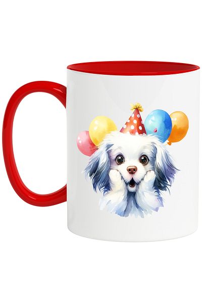 StoryGift Romania Mug with a surprised puppy, illustration, delighted, balloons, birthday, best p, With ,STG