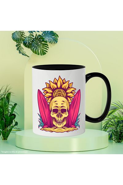 StoryGift Romania Mug With Skull, Beach, Sun, Surfboards, Sand, Plants, Multicolor 330 ml, C, With