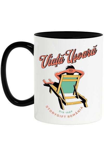 StoryGift Romania Mug Easy Life Man on a Deckchair Relaxation Vacation, 330ml, Ceramic with Black Handle, With