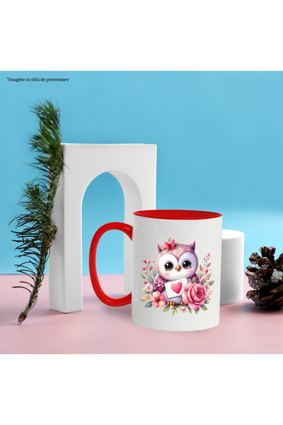 StoryGift Romania Mug with a cute owl, illustration, heart, popcorn, blushing, emotion, and, With ,STG
