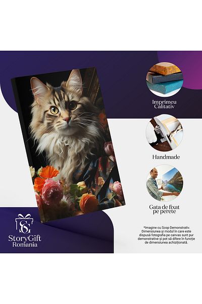StoryGift Romania Tablou Canvas: Portret Pisica Cu Flori Blana,, Petala, Planta, Bot , Maiestoase ,material Fin