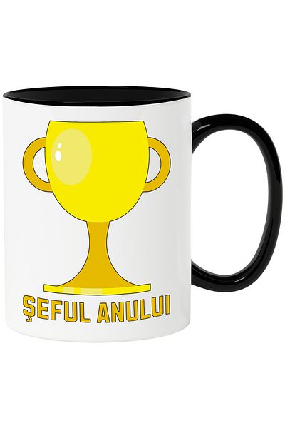 StoryGift Romania Gold Trophy Mug for Boss of the Year, Leader, Work, 330ml, Ceramic with Handle, Black