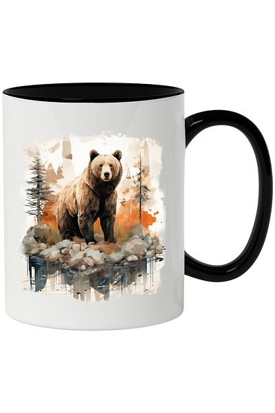 StoryGift Romania Mug With Bear, Lake, Stones, Vegetation, Tree, Fir Animal, Multicolor 330 ml, Wax, With