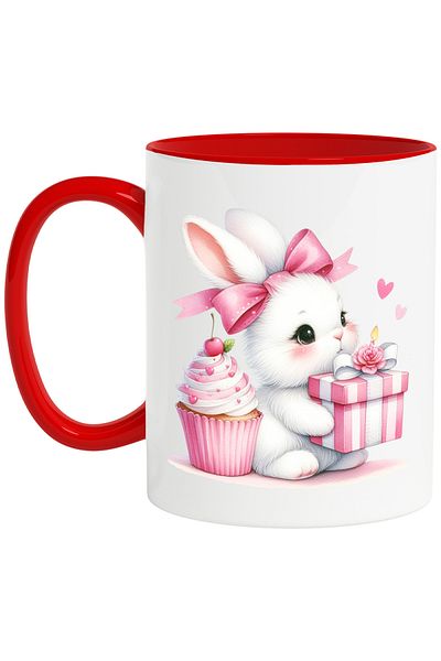 StoryGift Romania Mug with a white bunny | illustration | holding a gift | gift | muffin | cake |, With