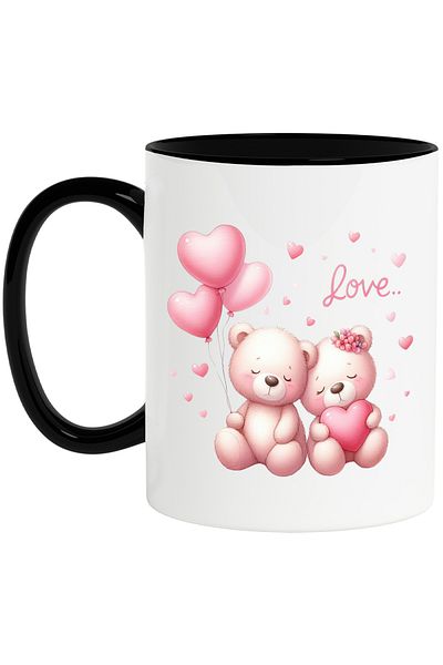 StoryGift Romania Mug with 2 teddy bears, illustration, hearts, balloons, love, affection, popcorn, With, STG