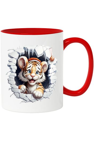 StoryGift Romania Mug with a cheerful tiger cub poking its head through a collapsed wall | illust, With ,STG