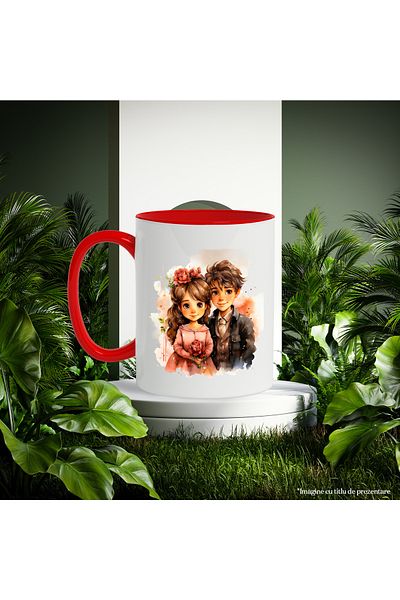StoryGift Romania Mug with a little girl and a little boy, flowers, dress, classic, illustration, children, cheerful, With,STG