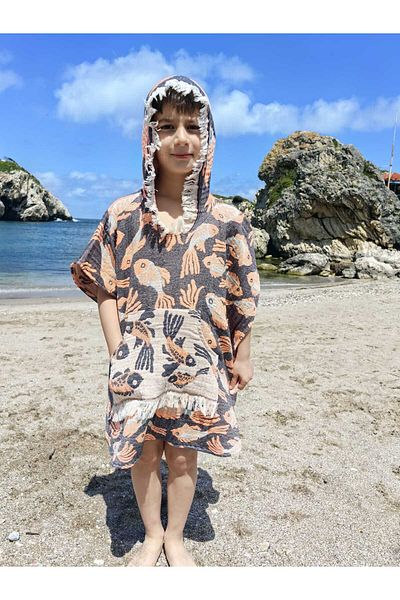Su Koleksiyon Mori̇na Cotton Woven Hooded Children's Sea Poncho