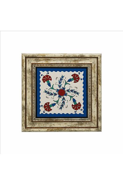 Sadrazam Ottoman Iznik Tile Pattern Printed Natural Stone Painting (25 X 25 Kd-38)