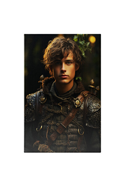 StoryGift Romania Tablou Canvas: Portret Barbat Luptator Cu Par Brunet Rucsac Cu Sabii Prin Padure Armura De Lupt