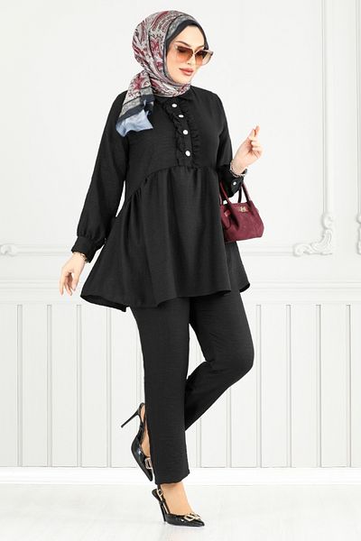ModaMerve Ruffled Front Linen Suit 6093Tge913-M Black
