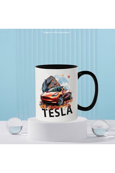 StoryGift Romania Mug With Car, Tesla, Rocks, Polka Dots, Sky, Clouds, Multicolor 330 ml, Ceramic with, With, STG