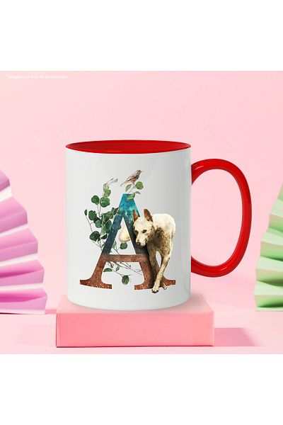 StoryGift Romania Mug With Puppy, Letter, A, Bird, Leaves, Multicolor 330 ml, Ceramic with Ro Handle, With