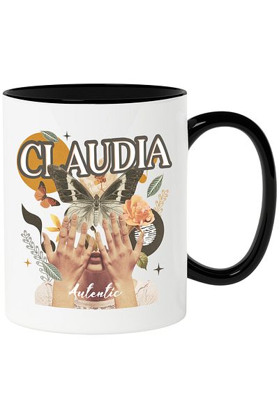 StoryGift Romania Mug With Name Claudia, Girl Collage, Butterfly, Flowers, Circle, 330ml, Ceramic with Handle, With