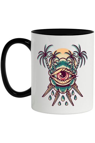 StoryGift Romania Mug With Eyes, Palm Trees, Coconuts, Sun, Rain, Lightning, Multicolor 330 ml,, With