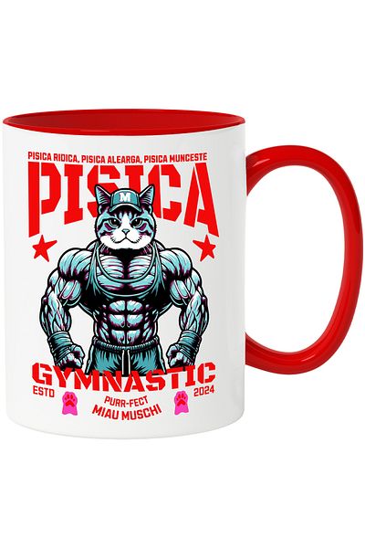 StoryGift Romania Gymnastics Cat Mug - Lift, Run, Work, 330ml, Ceramic with Red Handle, With