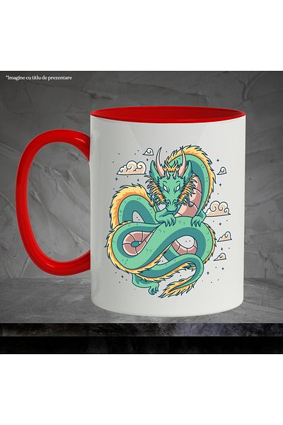 StoryGift Romania Mug With Dragon, Clouds, Asian, Stars, Multicolor 330 ml, Ceramic with Red Handle, With M