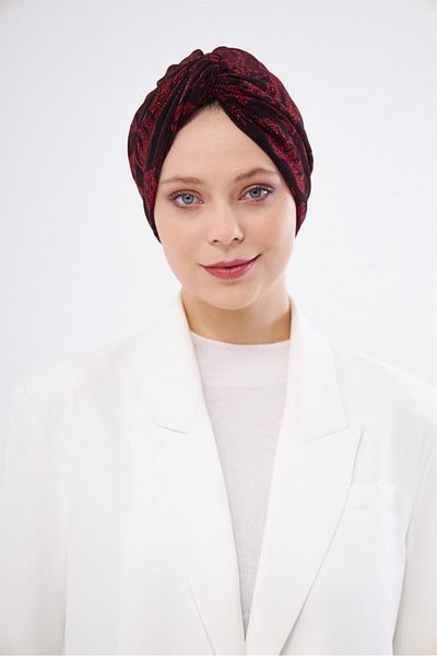 HÜRREM BONE Burgundy Silvery Gathered Hijab Bonnet Jacquard Floral Pattern 2317_16