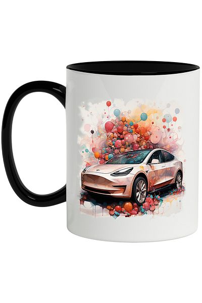 StoryGift Romania Mug With Car, Tesla, Balloons, Polka Dots, Abstract Illustration, Multicolor 330 ml,, With