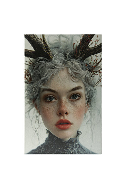 StoryGift Romania Tablou Canvas: Doamna Cu Părul Gri Și Rochie Pe Gât Ochi Albaștri Și Pistrui Coarne De Cerb Pic