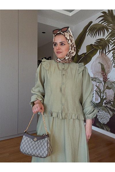 Aselim Hijap Moda Cotton Ruffle Detail Summer Skirt Suit – Green