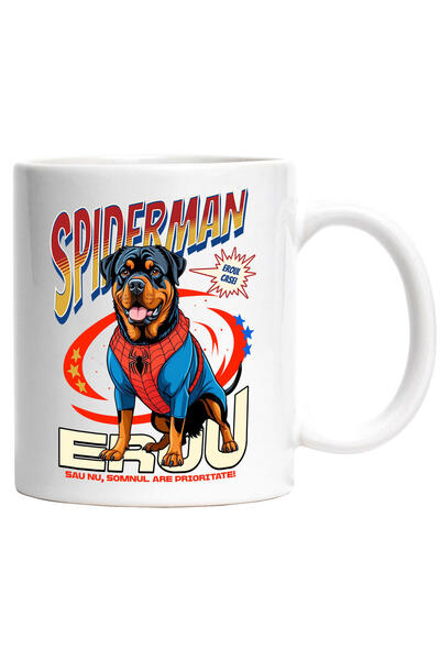 StoryGift Romania Cana Cu Rottweiler Caine In Costum De Spiderman Cu Pelerina, Erou Nocturn, Desen, Cu ,stg