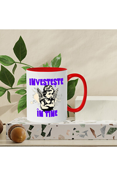 StoryGift Romania Mug Angry Angel with Wings Text Invest in You, 330ml, Ceramic with Red Handle, With ,STG