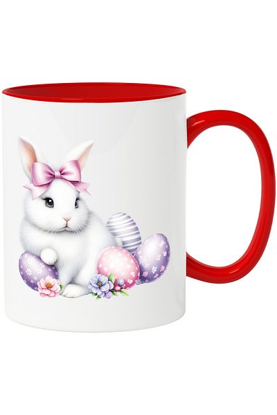 StoryGift Romania Mug with a serious bunny | illustration | bow | painted eggs | flowers | pen, With