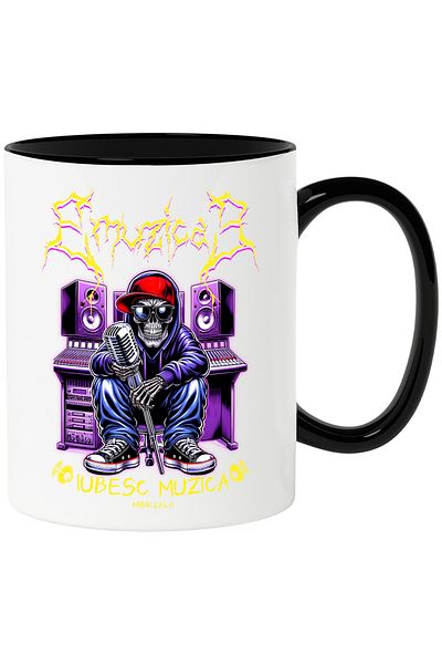 StoryGift Romania Music mug dj skeleton skull I love music, 330ml, Ceramic with Black Handle, With Handle