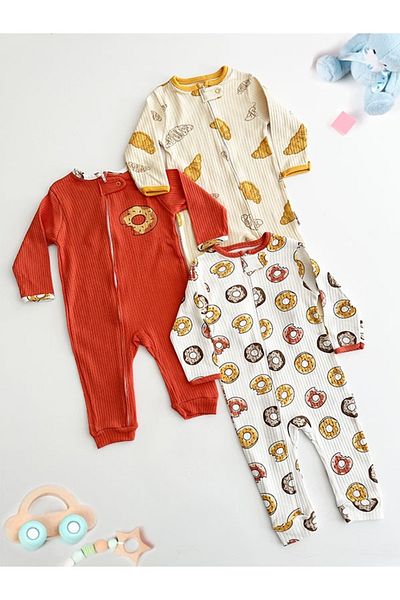 DEFNE LİNA BABY Baby Girl Printed Cotton Cuffed 3-Piece Jumpsuit Set Colorful Patterned 9-12-18 Months Baby Outfit