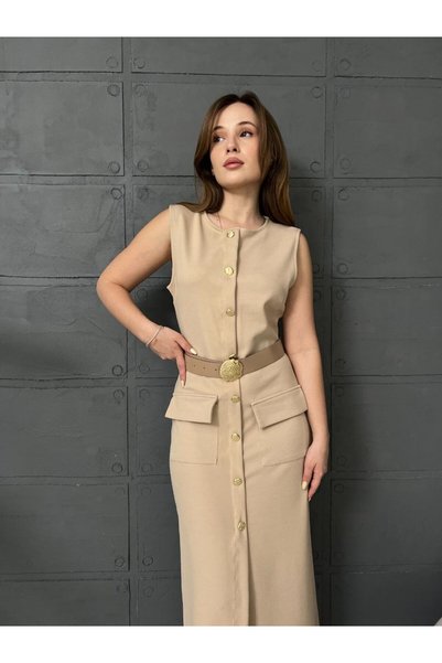 Louen lucie Long Gold Button Belt Dress