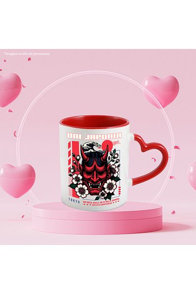StoryGift Romania Traditional Japanese Oni Devil Mask Mug, 330ml, Ceramic with Red Heart Handle, With ,STG