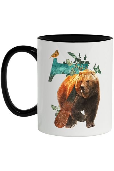 StoryGift Romania Mug With Number, 7, Bear, Bird, Leaves, Nature, Multicolor 330 ml, Ceramic with Ma, With