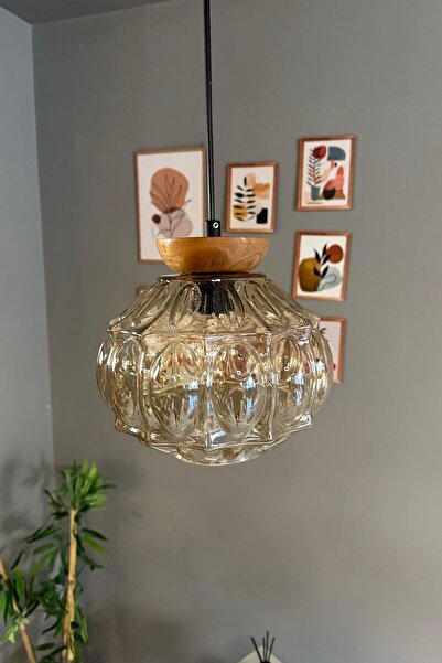 Bamyum Şila Cam Bal Rengi Tekli Avize Tabak Ahşap Başlık Retro Sarkıt Lamba Salon Aydınlatma