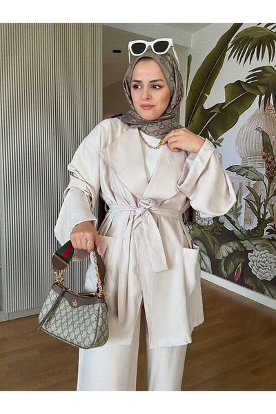 Aselim Hijap Moda Imported Woven Flowy Jacket Belted Double Suit Beige