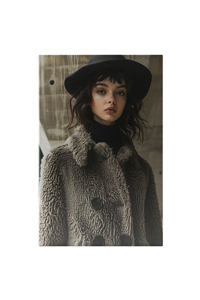 StoryGift Romania Tablou Canvas Fata Cu Palarie Neagra Si Palton Imblanit Gri Cu Nasturi Negri Cu Buze Mari Si B