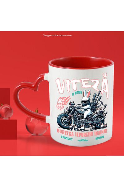 StoryGift Romania Cana Viteza Pe Motor Burtica Inainte, Iepure Motociclist, 330ml, Ceramica Cu Man, Cu ,stg
