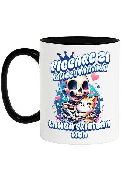 StoryGift Romania Skeletons and cat mug every day blessing BFF, 330ml, Ceramic with N Handle, With