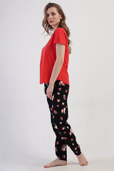 VİENETTA Women's Large Size Short Sleeve Red Pajamas Set C6T9N0O904